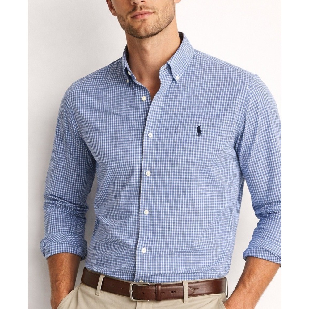 Polo Ralph Lauren Blue Check Button Down Shirt Men's Medium Cotton Classic